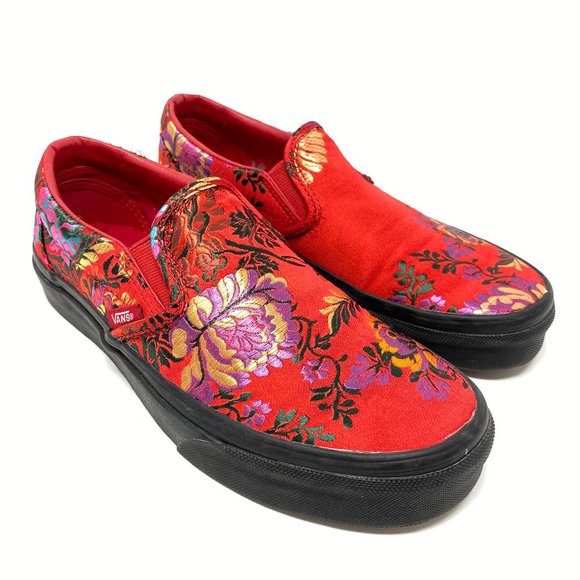 Vans Shoes - Vans Red Floral Embroidered Satin Slip On Shoes